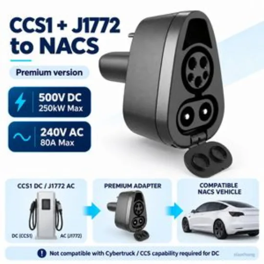 Premium CCS1 J1772 to NACS 2-in-1 Adapter 250kW DC 80A AC