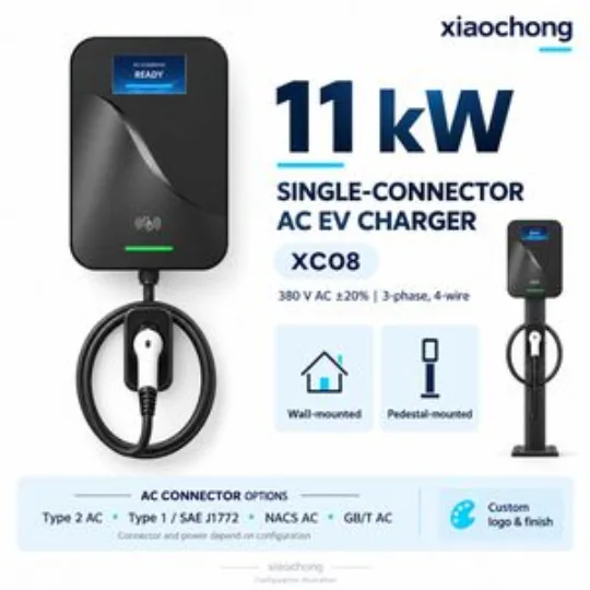 11kw Single AC EV Charger Black LCD RFID Workplace Parking 380V