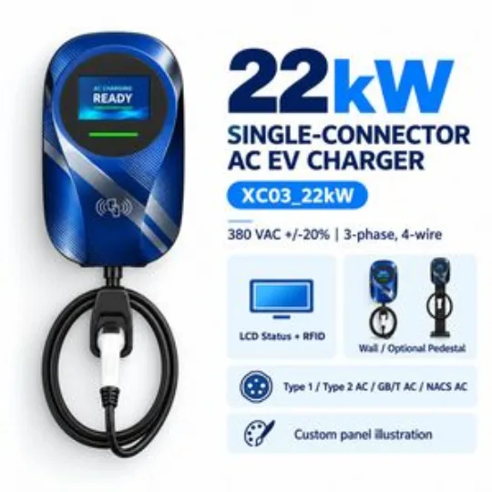 22kw Single Connector AC EV Charger Wallbox LCD RFID Home Charging