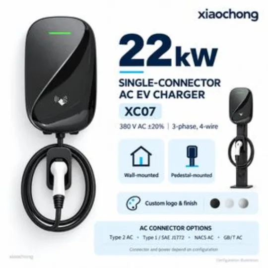 22kw Single AC EV Charger Black Wallbox RFID Three Phase Parking