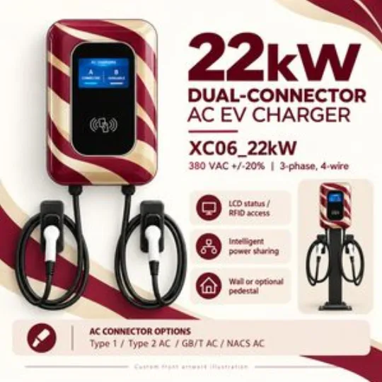 22kw Dual Connector AC EV Charger Wallbox LCD RFID Power Sharing