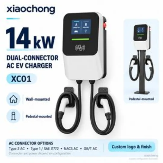 14kw Dual AC EV Charger White LCD RFID Retail Parking 2X7kw 32A