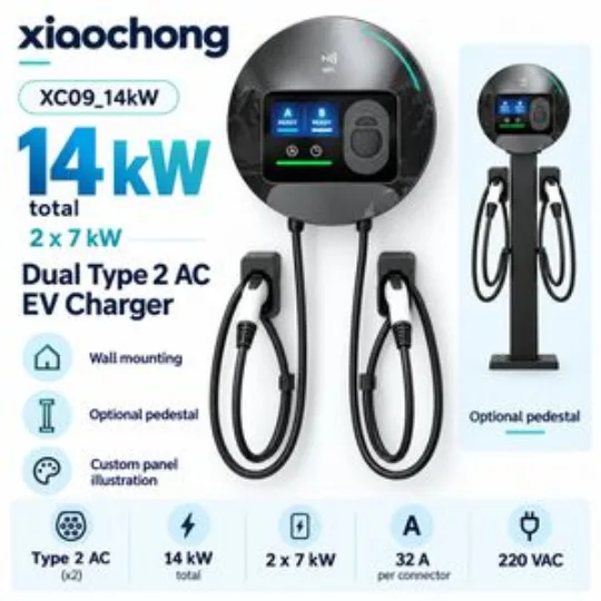 14kW Dual Type 2 AC EV Charger 32A 220V Round Wallbox