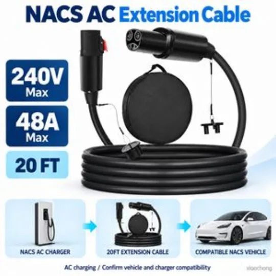 Nacs AC EV Charging Extension Cable 48A 240V 20FT Black Cord