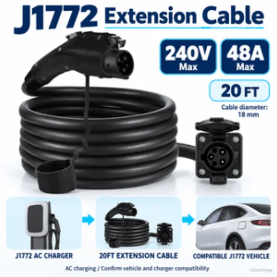 J1772 EV Charging Extension Cable 48A 240V 20FT AC Cord