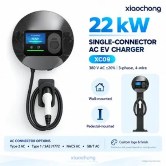 22kw Single AC EV Charger Black Wallbox LCD NFC RFID Private Garage