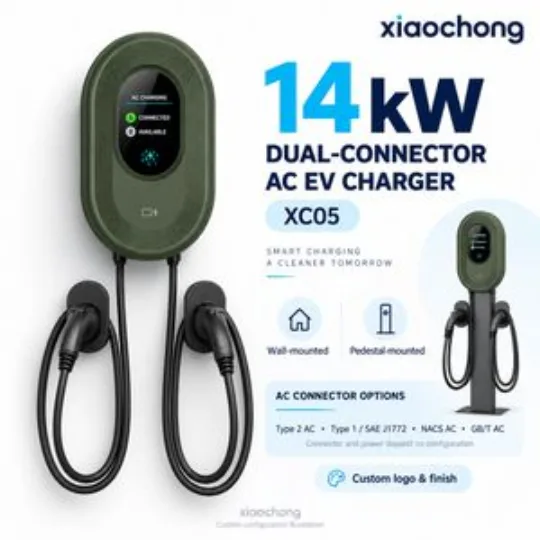 14kw Dual AC EV Charger Green RFID Wallbox Hotel Parking 2X7kw 32A