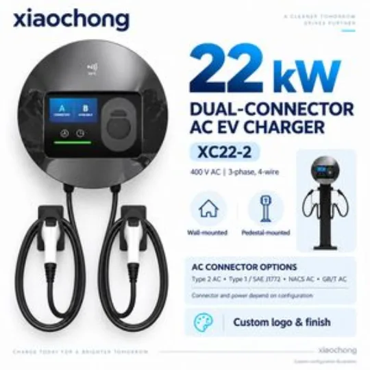 22kW Dual Gun AC EV Charger Wall Mounted Charging Station Round LCD