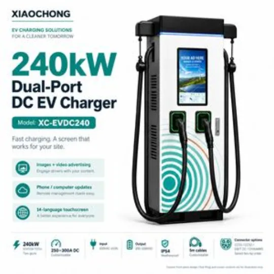 240kW Dual Port DC EV Charger 250-300A Advertising Screen Teal Ring Panel