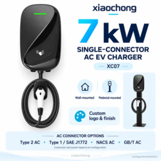 7kW Black Wall Mounted AC EV Charger with RFID Status Indicator