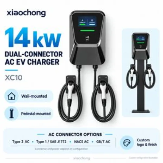 14kw Dual AC EV Charger Wallbox LCD RFID Two Car Charging
